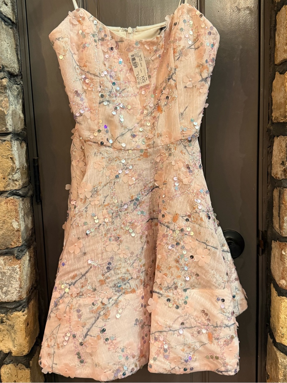 Strapless Blush Pink Sequin & Appliqué Formal Dress
